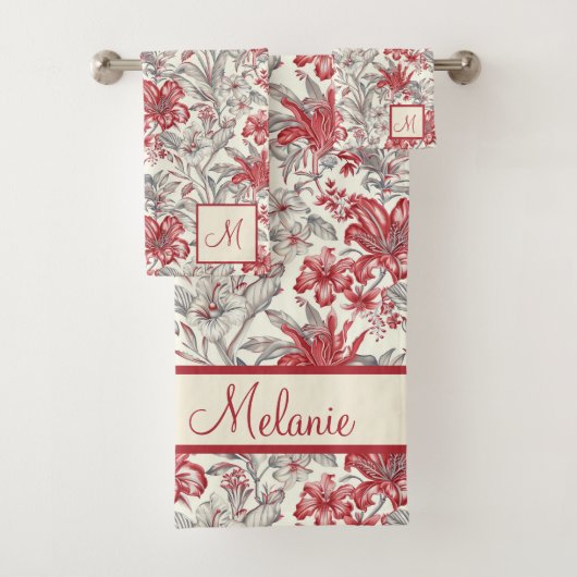 Toile de Jouy Diep Rood en Grijs Bloemlelies Bad Handdoek (Insitu)