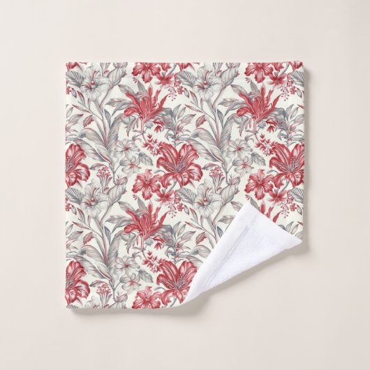 Toile de Jouy Diep Rood en Grijs Bloemlelies Bad Handdoek (Wasdoekje)