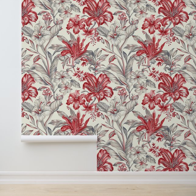 Toile de Jouy Diep Rood en Subtiel Grijs Bloemen Behang (Applicatie)