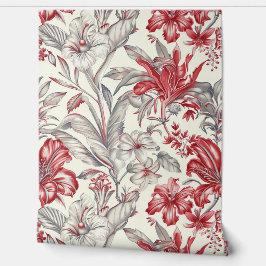 Toile de Jouy Diep Rood en Subtiel Grijs Bloemen Behang