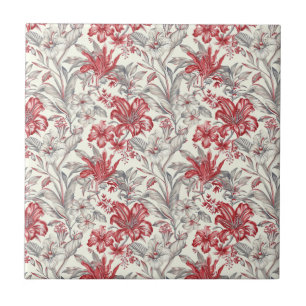 Toile de Jouy Diep Rood en Subtiel Grijs Bloemen Tegeltje