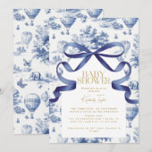 Toile De Jouy Dusty Blue Bow Baby shower Kaart (Voorkant / Achterkant)