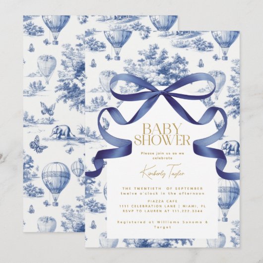Toile De Jouy Dusty Blue Bow Baby shower Kaart (Voorkant / Achterkant)