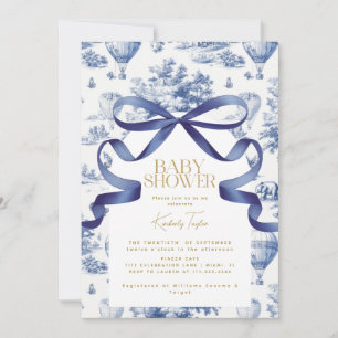 Toile De Jouy Dusty Blue Bow Baby shower Kaart