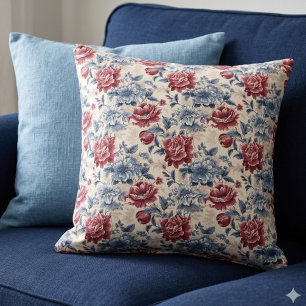 Toile de Jouy. Franse toile. Blauwe en rode rozen. Kussen