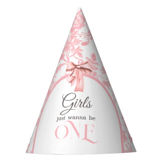 Toile de Jouy Girl Pink Bow First 1st Birthday Feesthoedjes (Voorkant)