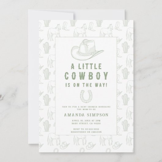 Toile de Jouy Green Cowboy Western Baby shower Kaart (Voorkant)