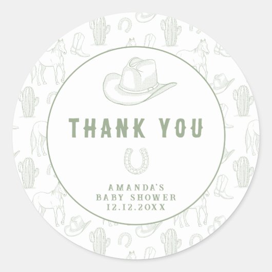 Toile de Jouy Green Cowboy Western Baby shower Ronde Sticker (Voorkant)
