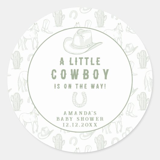 Toile de Jouy Green Cowboy Western Baby shower Ronde Sticker (Voorkant)