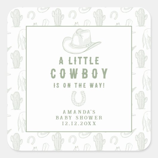 Toile de Jouy Green Cowboy Western Baby shower Vierkante Sticker (Voorkant)