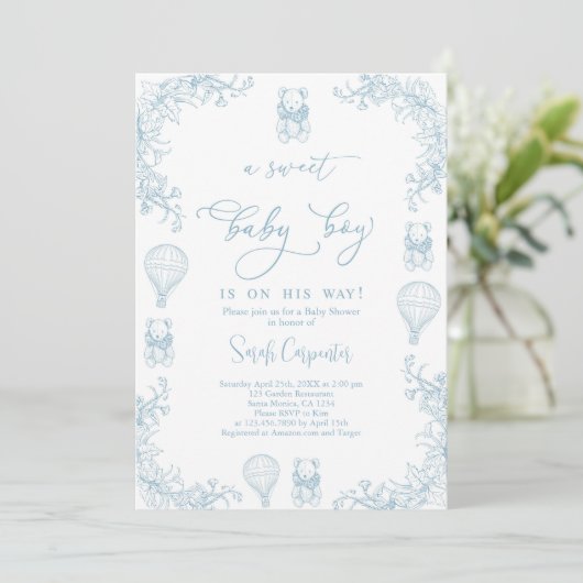 Toile De Jouy Hete Luchtballon Baby shower Boy Kaart (Staand voorkant)