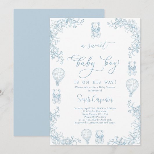 Toile De Jouy Hete Luchtballon Baby shower Boy Kaart (Voorkant / Achterkant)