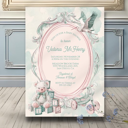 Toile de Jouy lijst baby shower Roze Kaart