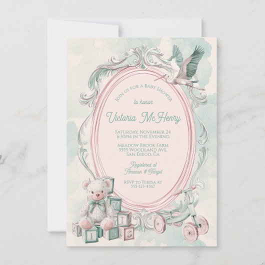 Toile de Jouy lijst baby shower Roze Kaart (Voorkant)