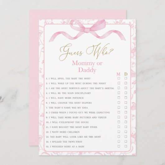 Toile De Jouy Mama of Daddy Baby shower spel Kaart (Voorkant / Achterkant)