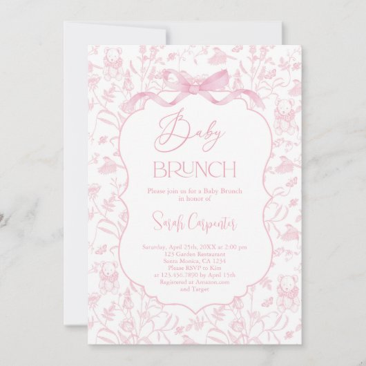 Toile De Jouy Meisje Baby shower Brunch met Boog Kaart (Voorkant)