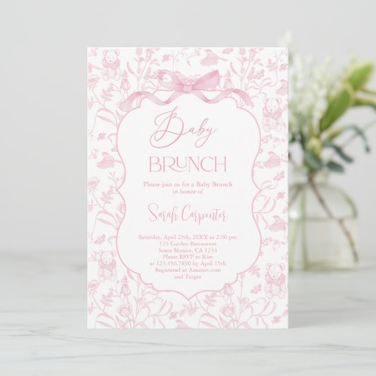 Toile De Jouy Meisje Baby shower Brunch met Boog Kaart (Staand voorkant)
