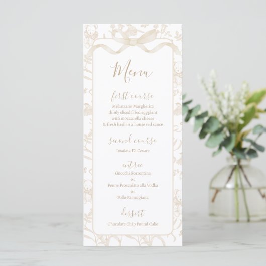 Toile de jouy Neutraal Baby shower Menu Kaart (Staand voorkant)