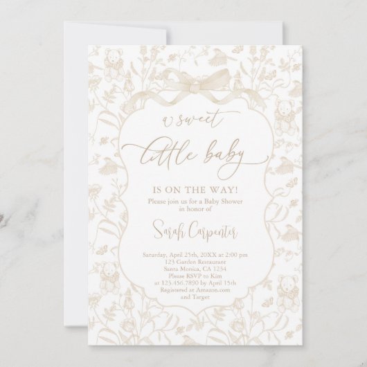 Toile De Jouy Neutraal Baby shower met Boog Kaart (Voorkant)