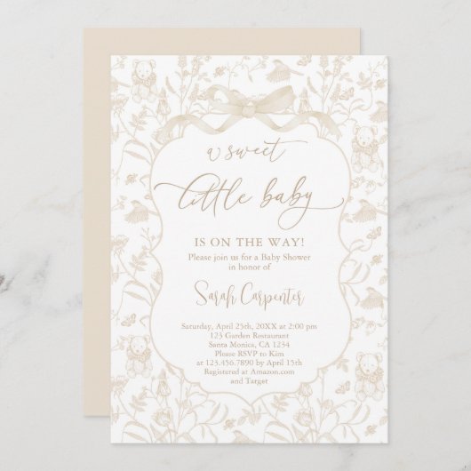 Toile De Jouy Neutraal Baby shower met Boog Kaart (Voorkant / Achterkant)