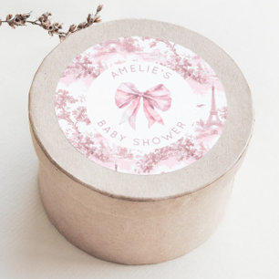 Toile de Jouy Parijs Roze Strik Baby Shower Ronde Sticker