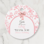 Toile de Jouy Pink Bow Eerste 1e Verjaardag Decor Bedankjes Labels (Voorkant)