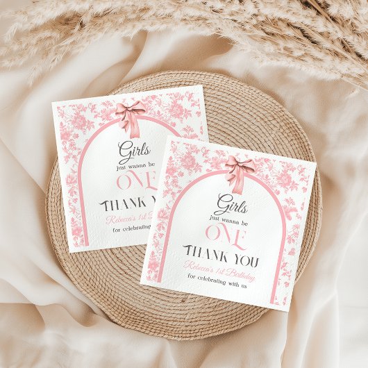 Toile de Jouy Pink Bow First 1st Birthday Decor Servet
