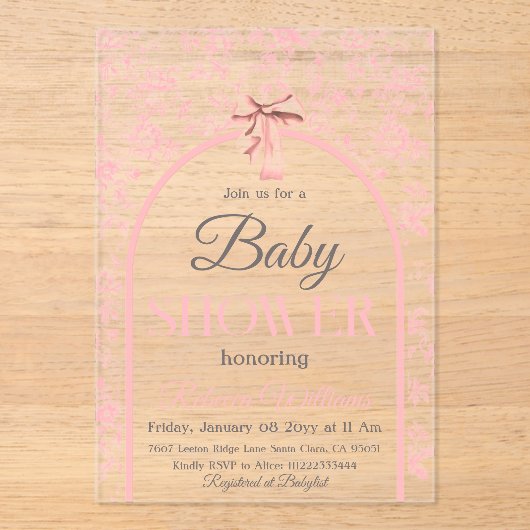 Toile de Jouy Pink Bow Girl Baby shower Acryl Uitnodigingen (Voorkant)
