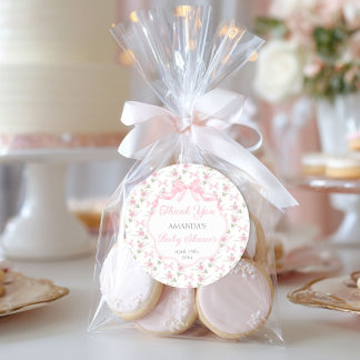 Toile De Jouy Pink Bow Girl Baby Shower Ronde Sticker