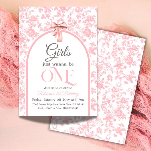 Toile de Jouy Pink Bow Girl Eerste 1e verjaardag Kaart