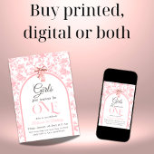 Toile de Jouy Pink Bow Girl Eerste 1e verjaardag Kaart