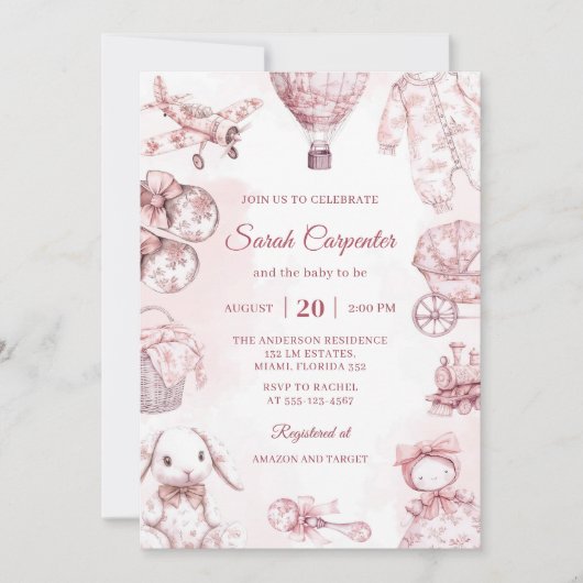 Toile De Jouy Pink Girl Baby Shower Party Kaart (Voorkant)