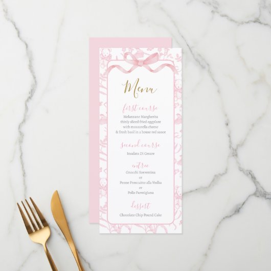 Toile de jouy Roze Baby shower Meisje Menu Kaart (Voorkant / Achterkant in situ)