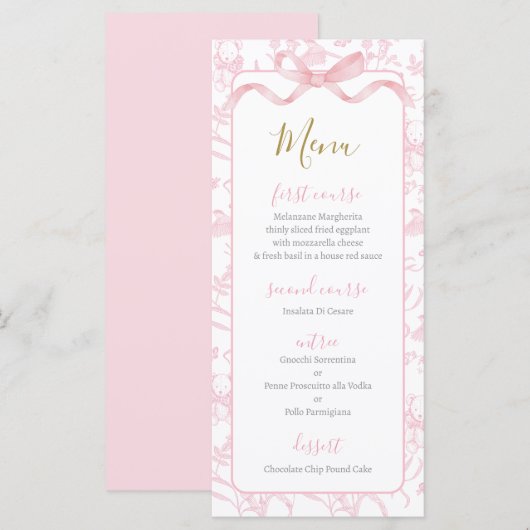 Toile de jouy Roze Baby shower Meisje Menu Kaart (Voorkant / Achterkant)