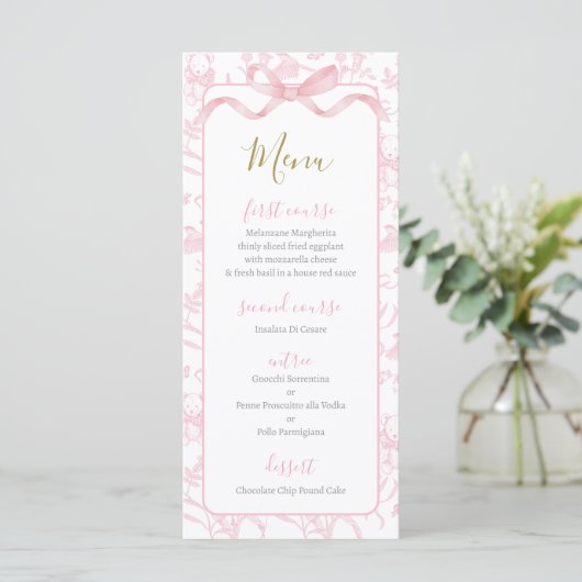Toile de jouy Roze Baby shower Meisje Menu Kaart (Staand voorkant)