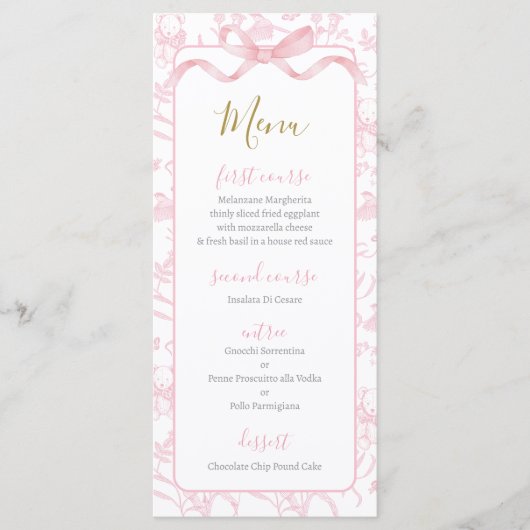 Toile de jouy Roze Baby shower Meisje Menu Kaart (Voorkant)