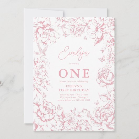 Toile de Jouy Roze Bloemen Meisje 1e Verjaardagsfe Kaart (Voorkant)