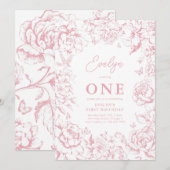 Toile de Jouy Roze Bloemen Meisje 1e Verjaardagsfe Kaart (Voorkant / Achterkant)