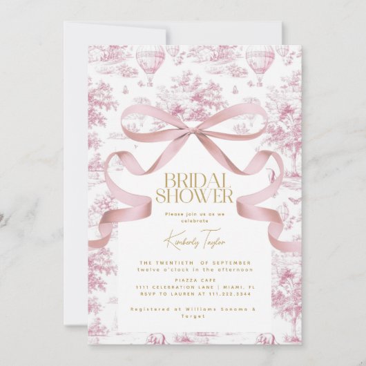 Toile De Jouy Roze Bow Bruids Douche Uitnodiging (Voorkant)