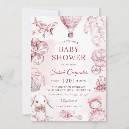 Toile De Jouy Roze Meisje Baby shower Party Kaart (Voorkant)