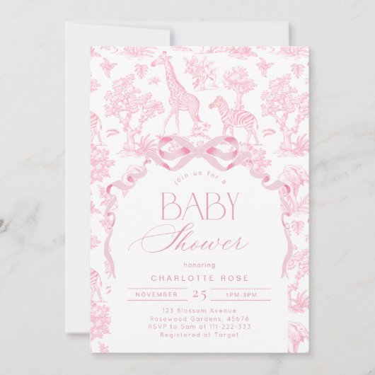 Toile de Jouy Roze Safari dieren Baby shower Kaart (Voorkant)