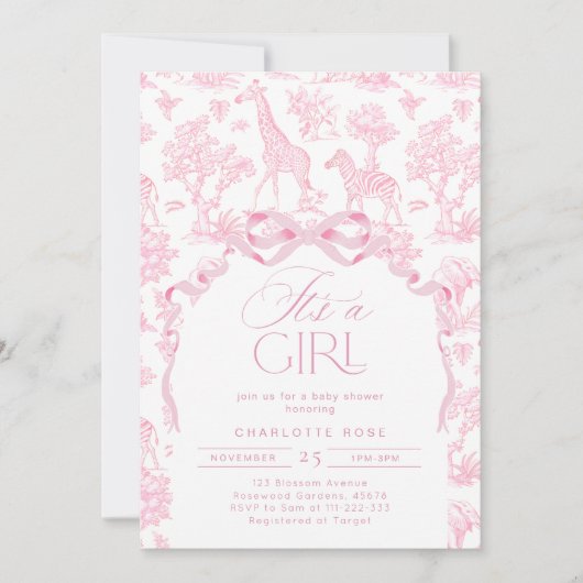 Toile de Jouy Roze Safari dieren Het is een meisje Kaart (Voorkant)