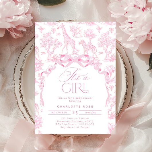 Toile de Jouy Roze Safari dieren Het is een meisje Kaart