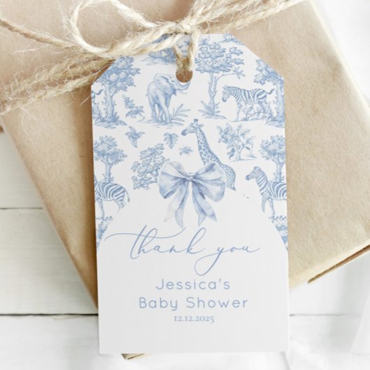 Toile de Jouy Safari Baby shower elegant bedankt Cadeaulabel
