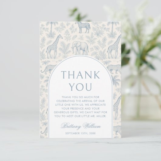 Toile De Jouy Safari Blue Boy Baby shower Bedankkaart