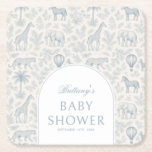 Toile De Jouy Safari Blue Boy Baby shower Kartonnen Onderzetters (Voorkant)