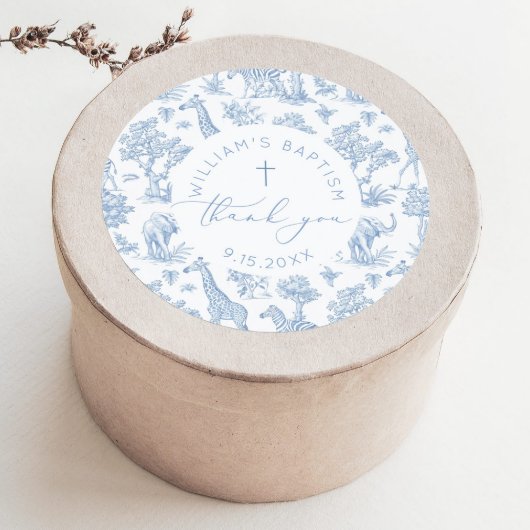 Toile de Jouy Safari Boy Baptism Thank you Ronde Sticker