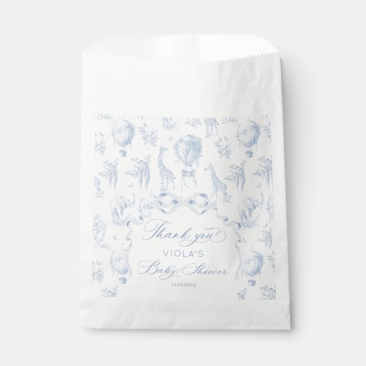Toile de Jouy Safari dieren Blauw Baby shower Bedankzakje (Voorkant)