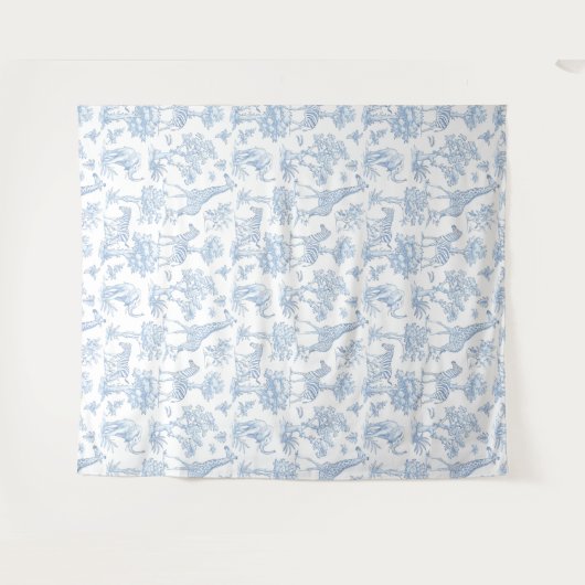 Toile de Jouy Safari dieren blauw baby shower Wandkleed (Voorkant (horizontaal))