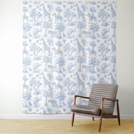 Toile de Jouy Safari dieren blauw baby shower Wandkleed (In situ)